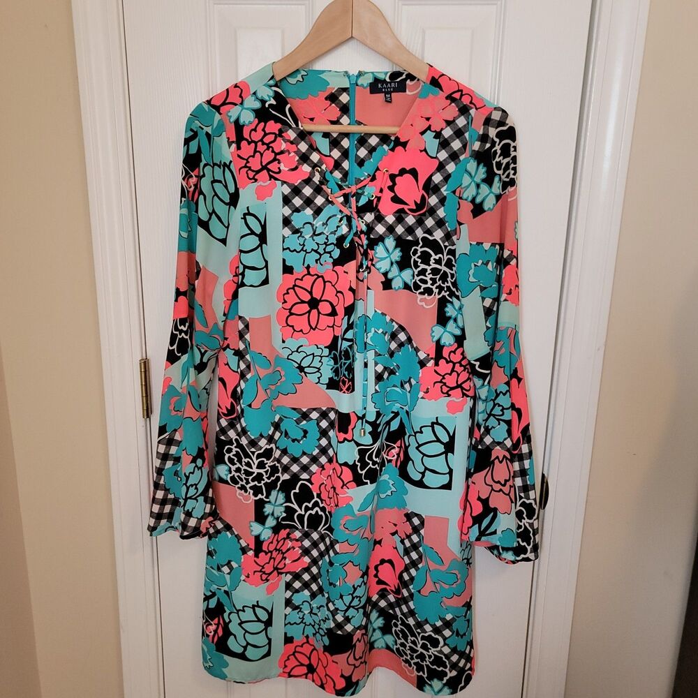 Kaari Blue Multi Color Flower Print Lace Up With Bell Sleeve Dress Size M